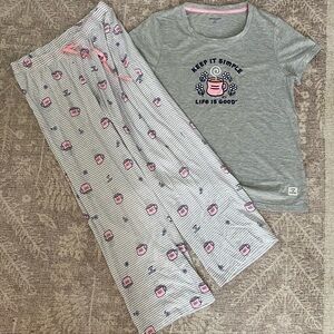 NWOT LIFE IS GOOD 2pc Coffee Tea Flower Pajama Set Shirt Tee Pants Women Sz M